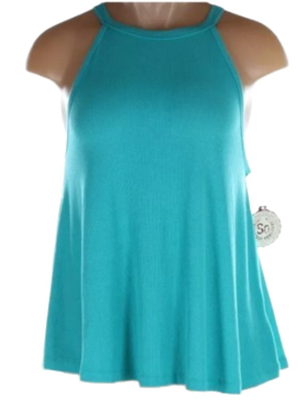NWT SO Teal Ribbed High Neck Halter Tank Top Keyhole Back